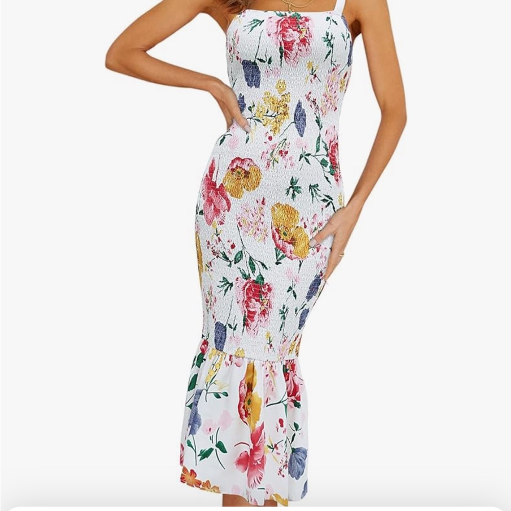 white summer floral midi tank dress, strappy ruffle hem smocked bodycon dress